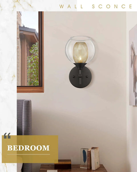 Black Wall Sconce Set Of 2 Dope Vanity Light Fixtures With Clear Glass Globes And Honeycomb Metal Shade in Bedroom