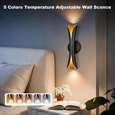 Flynix LED Indoor Wall Sconces, 5 Color Temps Dimmable Hardwired Wall Light mounted beside a bed with soft ambient lighting.
