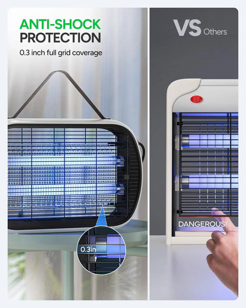 Left: Indoor Bug Zapper For 5000 Sq Ft Homes And Offices, 20W Instant Electric Mosquito Zapper showing anti-shock grid; Right: conventional zapper.