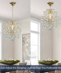 Top Tier Gold Crystal Raindrop Pendant Chandelier Featuring Durable Glass Tubes And Adjustable Chain Ceiling Light E26 Socket in dining space.