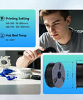 Person observing 3D printed gears, High Speed ABS 3D Printer Filament 1.75mm Black, 1Kg Spool next to filament specifications chart