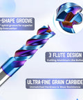 Carbide Square End Mill With Nano Blue Coating One Quarter Inch Shank 3 Flute CNC Milling Bit Set For Aluminum Copper Magnesium Alloys And Composite Materials HRC 60 Pro Grade Durable 2 Pack, featuring U-shape groove and 3 flute design close-up view.