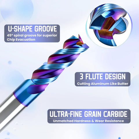 Carbide Square End Mill With Nano Blue Coating One Quarter Inch Shank 3 Flute CNC Milling Bit Set For Aluminum Copper Magnesium Alloys And Composite Materials HRC 60 Pro Grade Durable 2 Pack, featuring U-shape groove and 3 flute design close-up view.