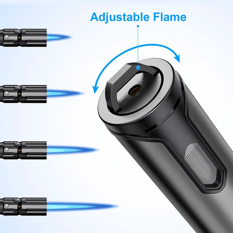 Refillable Butane Torch Lighter With Four And A Half Inch Flexible Neck, Windproof Long Reach Flame showing adjustable flame.