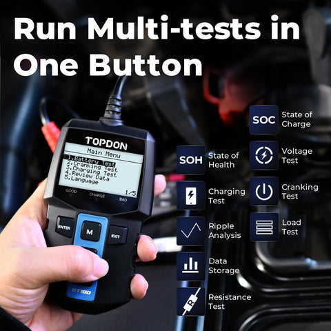 Hand using 12V Car Battery Tester With 100 To 2000 CCA Load Test Digital Auto Battery Analyzer Alternator Checker for diagnostics.