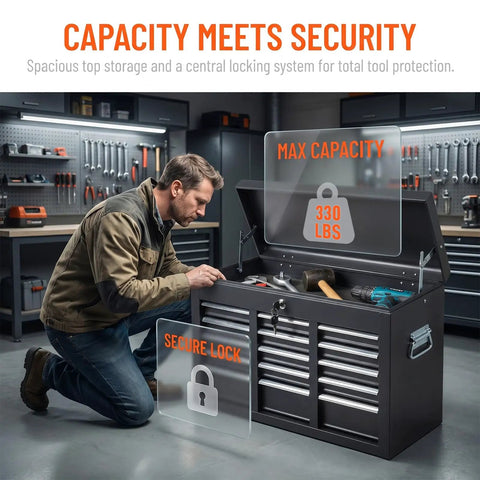 Heavy Duty 24 Inch Portable Metal Tool Box With 5 Lockable Drawers And Top Tray, Black Storage Chest Organizer For Garage Work Or Professional Carpenter Jobs, Super Slick Finished Boss Level Gear Holder With 330 Pound Load Capacity