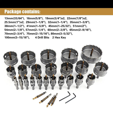 27 Piece Hole Saw Kit With Drill Bits Ready To Go From 33/64 Inch To 3-15/16 Inch Carving Through Hard Metal Alloy Aluminum Stainless Steel