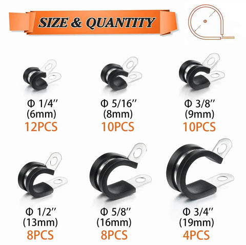 Six sizes of 52 Piece Clamp Kit With Rubber Cushions, Stainless Steel Hose Clamps from 1/4 to 3/4 inch listed on a diagram.