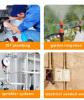 Four images showing DIY plumbing, garden irrigation, sprinkler systems, and electrical conduit work applications.