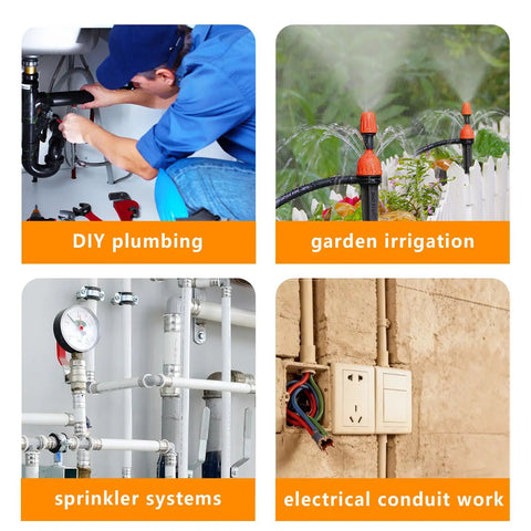 Four images showing DIY plumbing, garden irrigation, sprinkler systems, and electrical conduit work applications.
