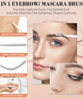 Close-up of eyebrow brush demonstrating use on brow and lash, with features of the 120 Pack Mini Eyebrow Brushes With Caps For Brow Lamination And Lash Extensions Professional Salon Tools For Home Or Studio Use Multi Purpose Eyebrow Care Kit In Black And White With Handy Storage Box