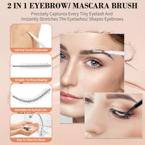 Close-up of eyebrow brush demonstrating use on brow and lash, with features of the 120 Pack Mini Eyebrow Brushes With Caps For Brow Lamination And Lash Extensions Professional Salon Tools For Home Or Studio Use Multi Purpose Eyebrow Care Kit In Black And White With Handy Storage Box
