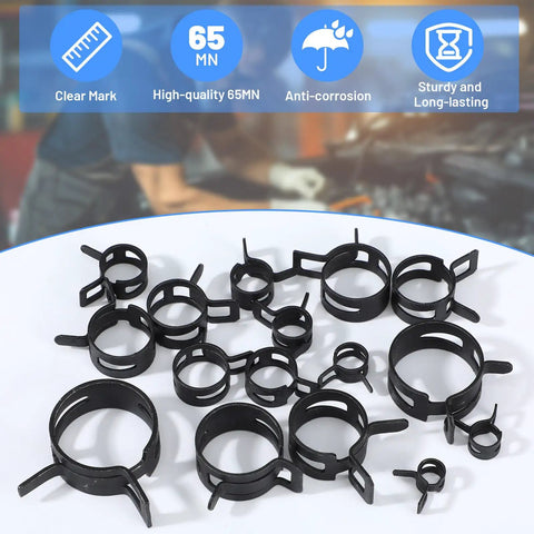 130 Piece Spring Band Hose Clamp Kit With Swivel Pliers 16 Sizes From 6 Mm To 25 Mm Constant Tension Clips on display