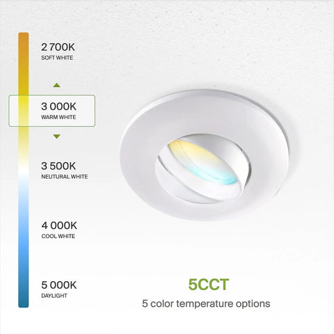 6 Inch Gimbal LED Recessed Light with White Trim, 15W 1310 Lumen Dimmable Downlight showing adjustable color temperature scale
