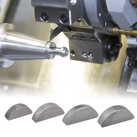 Woodruff Key Set, Ten Pieces, Steel Semicircular Keys, Three Millimeter Wide, Five Millimeter High, Thirteen Millimeter Diameter, Polished Number 45 Carbon Steel, Heavy Duty Keyway Keys for Shafts and Motors, Precision Fit displayed with machine and shaft