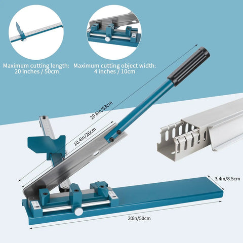 Top Shelf Pvc Cable Tray Cutter With Built In Dual Scale Ruler For Open Plastic Wiring Trunking Heavy Duty Manual Guide Rail Shear showing measurements and cutting angles.