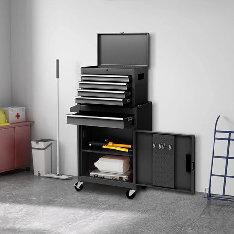 Five Drawer Rolling Tool Chest With Removable Tool Cabinet And Sliding Metal Organizer Lockable Drawers For Diyers And Pros In The Garage Durable Mobile Tool Storage For Home Workshop, shown against a garage wall.
