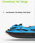 Side view of High Speed Dual Motor RC Motorboat With 2.4 GHz Remote, showcasing blue streamlined hull design for low resistance.