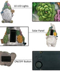 Epic Outdoor Solar Gnome Garden Statues With 10 Warm White LEDs showing solar panel, LED lights, and ON/OFF button details