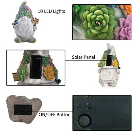 Epic Outdoor Solar Gnome Garden Statues With 10 Warm White LEDs showing solar panel, LED lights, and ON/OFF button details