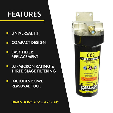 QC3 Air Filter And Dryer For Small To Medium Compressors, Universal Fit, Easy Install, Lightweight, shown with features list.