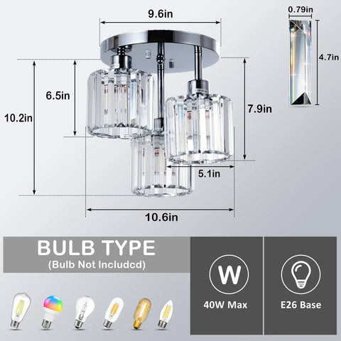 Dimensions and bulb type for Semi Flush Mount Ceiling Light With Dope Crystal Shades 3 Light Modern Close To Ceiling Fixture