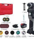 21V Cordless Electric Angle Grinder With Brushless Motor And Gutsy 6000mAh Battery For Serious Cutting Polishing Plus Grinding Tasks Featuring 3 Speed Settings And Live Power Display For That Badass Shop Session, with toolbox and accessories.