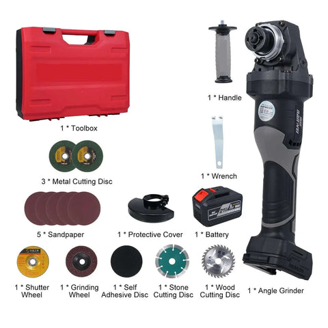 21V Cordless Electric Angle Grinder With Brushless Motor And Gutsy 6000mAh Battery For Serious Cutting Polishing Plus Grinding Tasks Featuring 3 Speed Settings And Live Power Display For That Badass Shop Session, with toolbox and accessories.