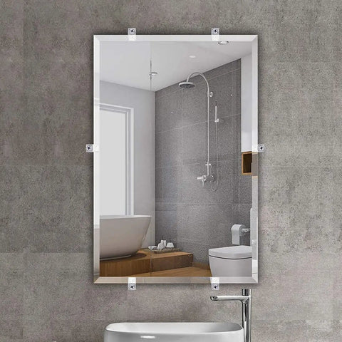 Bathroom mirror secured with 22 Piece Mirror Clip Kit With Screws For Easy Install And Hanging Glass, crystal clear clips visible