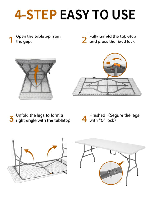 Step-by-step setup guide for Six Foot Folding Camping Table With 350 Lb Capacity Portable Outdoor Picnic Desk Beefy Heavy Duty Plastic Rectangular Work Table For Indoor Use Auto Lock Quick Setup Waterproof And Easy To Clean 71 By 29 Inches.