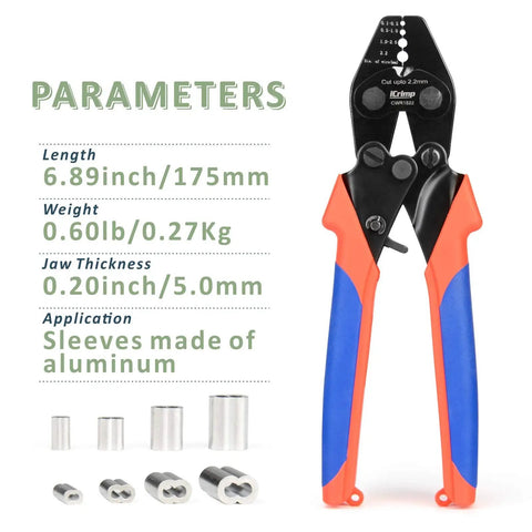 Pro Grade Heavy Duty Wire Rope Crimp Tool For Aluminum Ferrules 0.1-0.5mm 0.5-1.0mm 1.0-2.0mm 2.2mm 6.8 Inch With Four Cavities Crimp Cutter For Railings Decking Picture Hanging Double Barrel Ferrules Rust Resistant CrMo Steel, front view