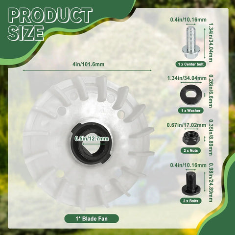 Product size chart showing parts of Beefed Up Replacement Hardware Kit For 21 Inch Dual Blade Lawn Mower Including Fan, Bolts, Nuts.