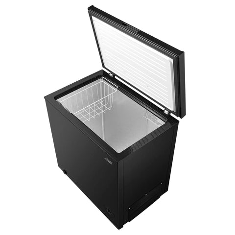 Top Shelf 7.0 Cu Ft Chest Freezer In Black With A Nifty Basket And No Sweat Defrost Drain, open lid displaying organization.