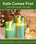 Green Glass Flameless Pillar Candles With Remote Control Realistic Flicker Battery Led Candles For Spring Holiday Decor Set Of 3