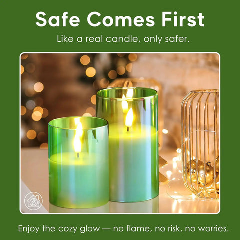 Green Glass Flameless Pillar Candles With Remote Control Realistic Flicker Battery Led Candles For Spring Holiday Decor Set Of 3