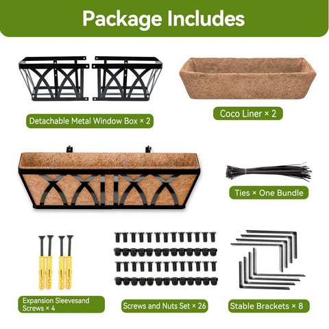 Package includes Two Pack 24 Inch Railing Planter Boxes With Coco Liners And Adjustable Brackets For Outdoor Balcony Fence Deck Porch And Garden