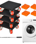 Heavy Duty Furniture Movers Lifter Set Stackable Low Clearance Glides, black glides with orange wheels and lifter tool.