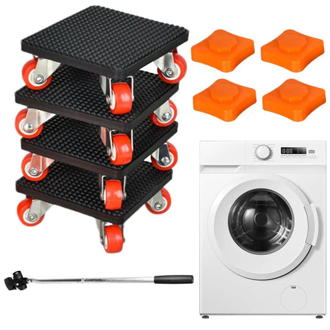 Heavy Duty Furniture Movers Lifter Set Stackable Low Clearance Glides, black glides with orange wheels and lifter tool.