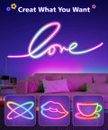 16.4ft RGBIC LED Neon Rope Lights With Music Sync displayed in love shape over couch, examples of shapeable designs below.