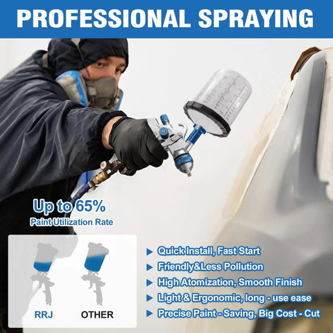Pro Grade HVLP Spray Gun Kit With Six Hundred Fifty Ml Mixing Jar in use for professional spraying on vehicle surface.