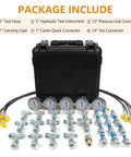 Rugged Beefed Up Hydraulic Pressure Test Kit with 600 Bar 8700 Psi five gauges, connectors, hoses, and carrying case.