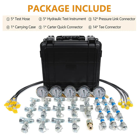 Rugged Beefed Up Hydraulic Pressure Test Kit with 600 Bar 8700 Psi five gauges, connectors, hoses, and carrying case.