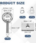 Heavy Duty M8 Eye Bolt Set 4 Pcs Stainless Steel Eyebolts With Nuts, Springs And Flat Washers For Hanging And Tie Down Straps, Indoor Outdoor Lifting Rings 20x33.7x6.8mm Threaded Shoulder Eyebolt with size diagram
