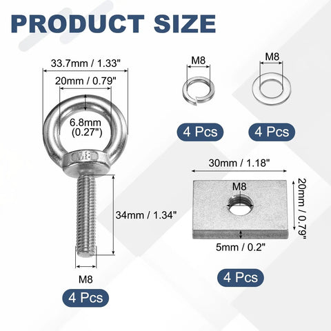 Heavy Duty M8 Eye Bolt Set 4 Pcs Stainless Steel Eyebolts With Nuts, Springs And Flat Washers For Hanging And Tie Down Straps, Indoor Outdoor Lifting Rings 20x33.7x6.8mm Threaded Shoulder Eyebolt with size diagram