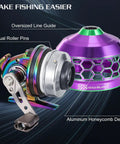 Colorful 5.9ft Two Piece Fishing Rod And Spincast Reel Combo close-up of reel with aluminum honeycomb design and roller pins.