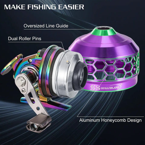 Colorful 5.9ft Two Piece Fishing Rod And Spincast Reel Combo close-up of reel with aluminum honeycomb design and roller pins.