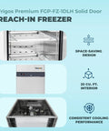 Top Shelf 23 Cubic Foot Reach In Freezer With Single Solid Door And Brushed Stainless Steel Finish, showcasing adjustable shelves and cooling system.
