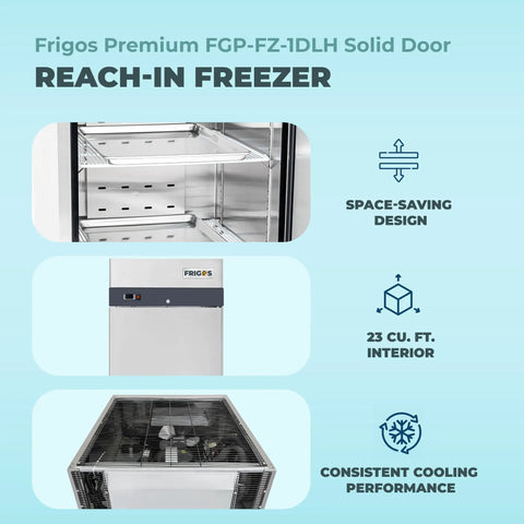 Top Shelf 23 Cubic Foot Reach In Freezer With Single Solid Door And Brushed Stainless Steel Finish, showcasing adjustable shelves and cooling system.