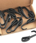 Ten Pack Elastic Cord Hooks Double Sided Plastic Rope Clips in a box, UV protected, ideal for helmets and headlamps.