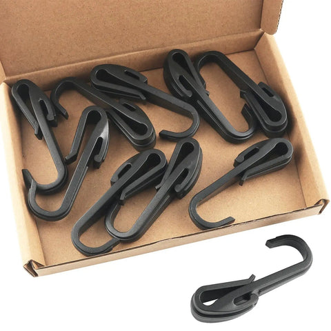 Ten Pack Elastic Cord Hooks Double Sided Plastic Rope Clips in a box, UV protected, ideal for helmets and headlamps.